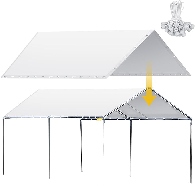 12 x 20 ft Heavy Duty Carport Canopy Waterproof Garage Car Shelter Tarp Tent for Car Canopy Replacement Cover with 50 Ball Bungees, Only Top Cover, Frame is Not Included