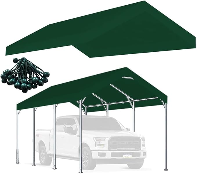 Rutile 10 x 20 FT Carport Replacement Cover, Heavy Duty Car Tarp Canopy Tent Replacement Top w/Ball Bungees Green (Only Top Cover, Frame is not Included)
