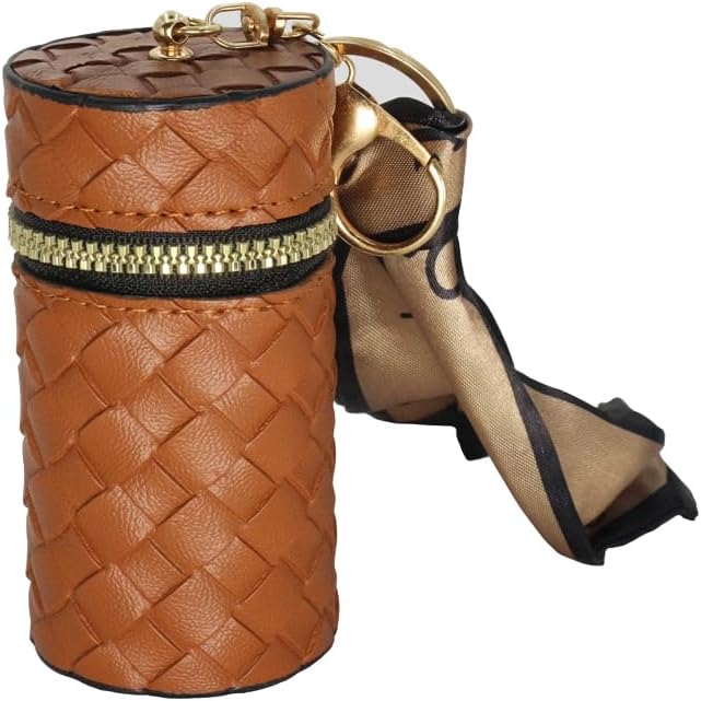 Lipstick storage bag with gold hardware key pendant, multifunctional mini bag, decorative scarf, can be hung on any bag, light brown