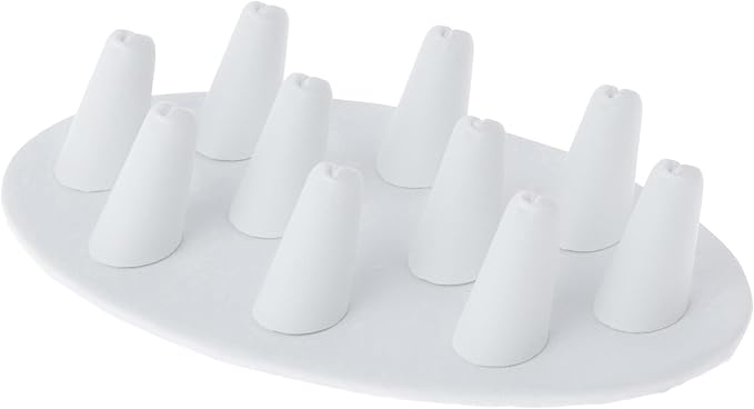 Plymor White Faux Leather Ring Finger Display, Ten on Oval Base, 7.5" W x 4.5" D x 1" H