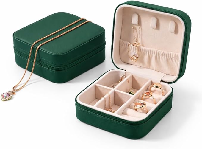 Travel Jewelry Organizer Box – Compact PU Leather Case with Necklace Hooks, Ring & Earring Storage, Soft Pink Interior, Emerald Green
