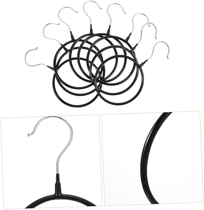 10pcs Heavy-Duty Scarf Organizer Rings with Hook, Black Plastic-Coated Iron Scarf Hangers for Closet Necktie and Belt Storage, Space-Saving Accessory Organizer for Home Use