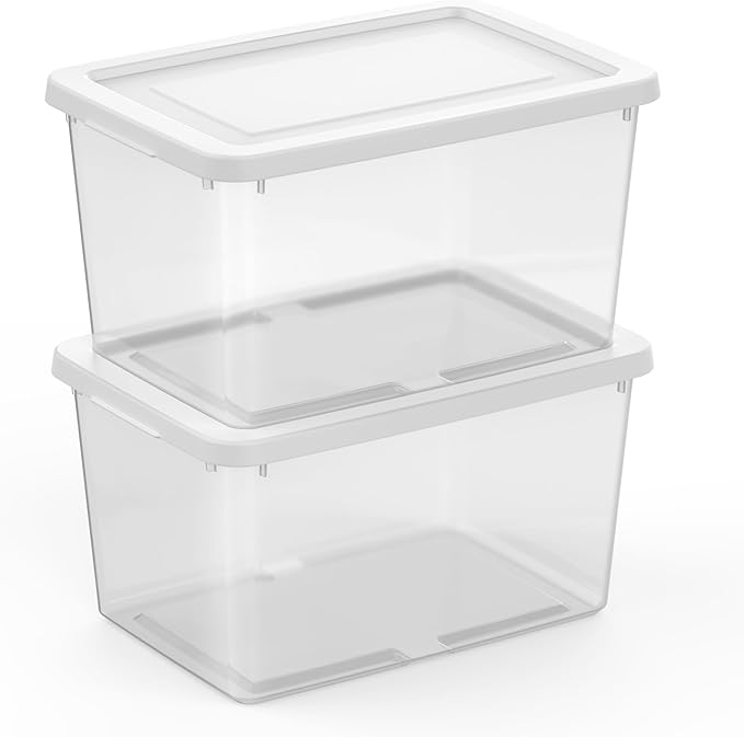 Sterilite 18 Pack Storage Boxes, Clear Plastic Stackable Containers, Lightweight Home Organizers with Snap Lids, 20 Quart, White