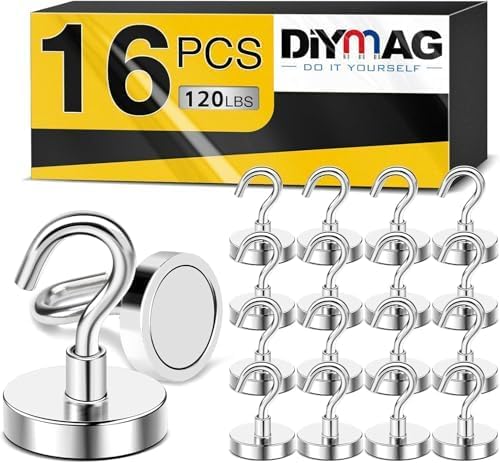 DIYMAG Magnetic Garage Hooks 16 Pack, 120lbs 2026 Cruise Cabin Ship Essentials Magnetic Hook Heavy Duty Strong Wall Mount Magnets Fridge for Classroom Wall Mount Kitchen Grills Silver