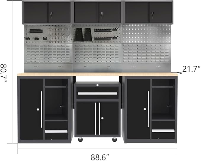 Ultimate Garage Storage System Set with Rolling Tool Cabinet, Free-Standing Design