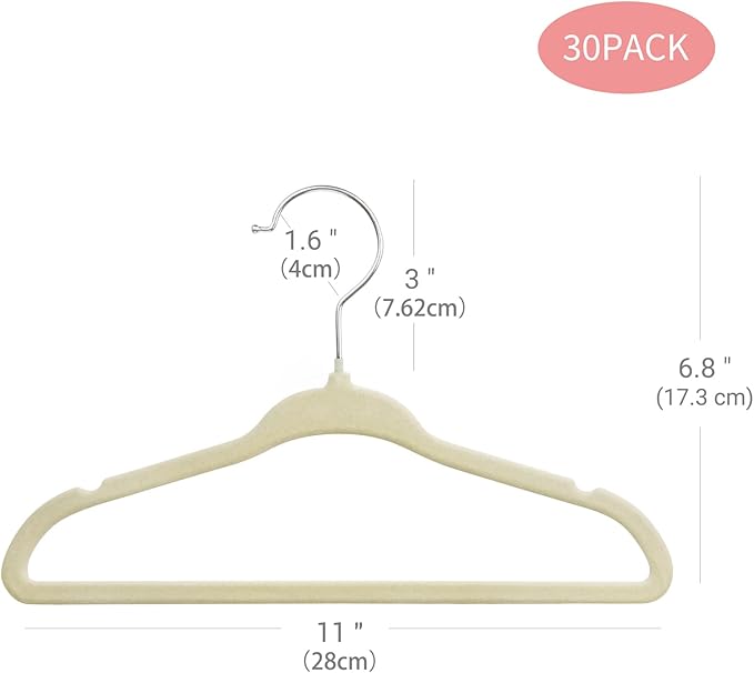ManGotree Baby Velvet Clothes Hangers, Kids Toddler Children's Hangers for Clothes Space Saving Non-Slip (30 Pack, Beige)