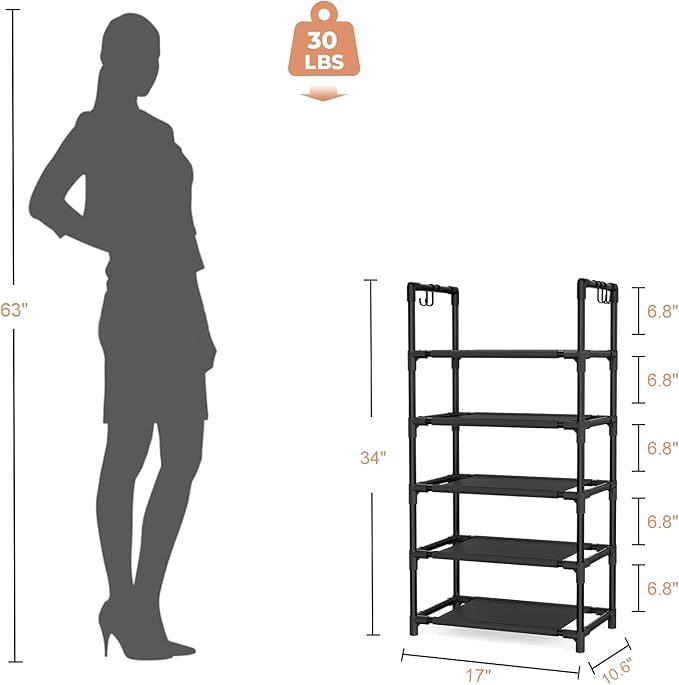 5 Tiers Shoe Rack 12-15 Pairs Boots Organizer Storage Sturdy Narrow Shoe Shelf for Entryway, Closets with Hooks, Black