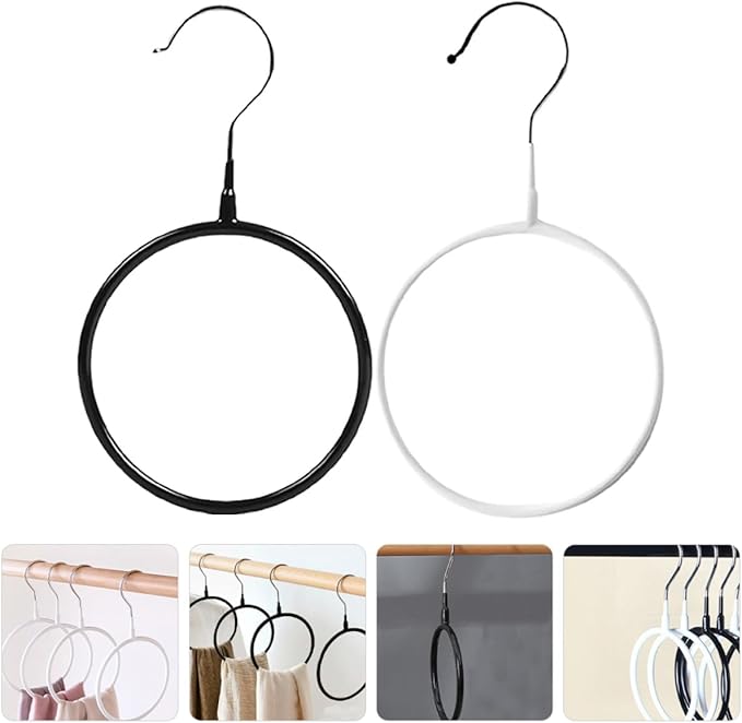 Sewroro 8pcs Metal Hanger Rings Scarf Organizer and Belt Holder for Closet, Black and White Small Plastic-Coated Hooks, Space-Saving Accessory Organizer for Women’s Scarves and Neckties