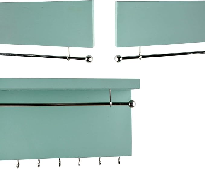 Spiretro Wall-Mounted Jewelry Organizer - Wood Turquoise - Necklace Holder with Removable Metal Bar - Earrings Bracelets Hooks - Shelf Storage