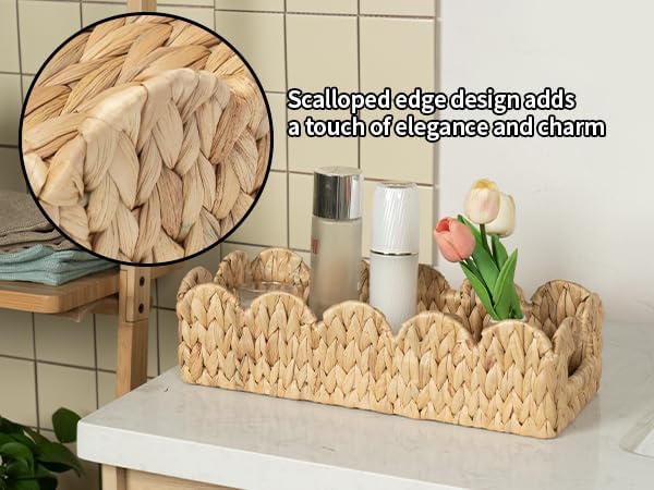 2 Pack Toilet Baskets,Scalloped Edge Wicker Basket for Toilet Paper Storage,Small Baskets for Bathroom,Living Room,Countertop, Shelves,Both Organizer&Decor,Natural Water Hyacinth