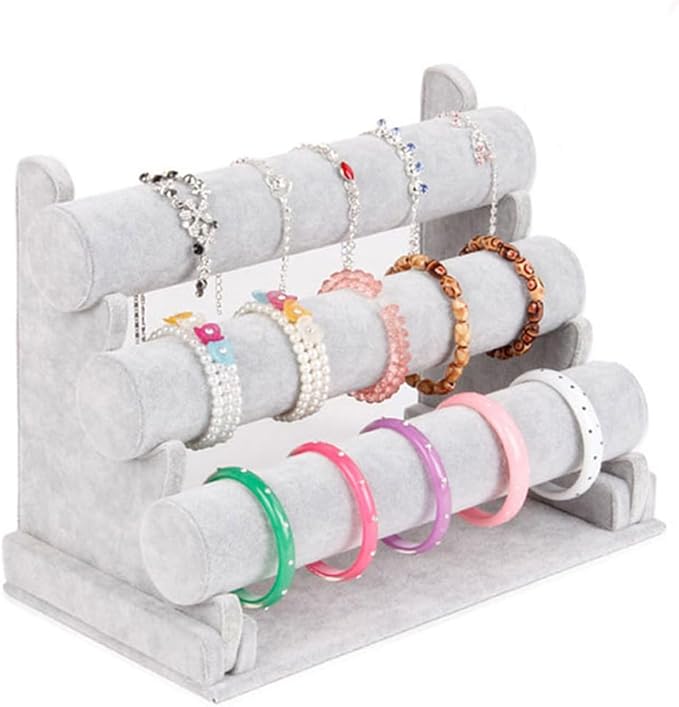 3 Tier Velvet Jewelry Organizer Stand, Detachable Bracelet Holder, Gray and Black, 12.2 x 9.25 Inches (Gray)