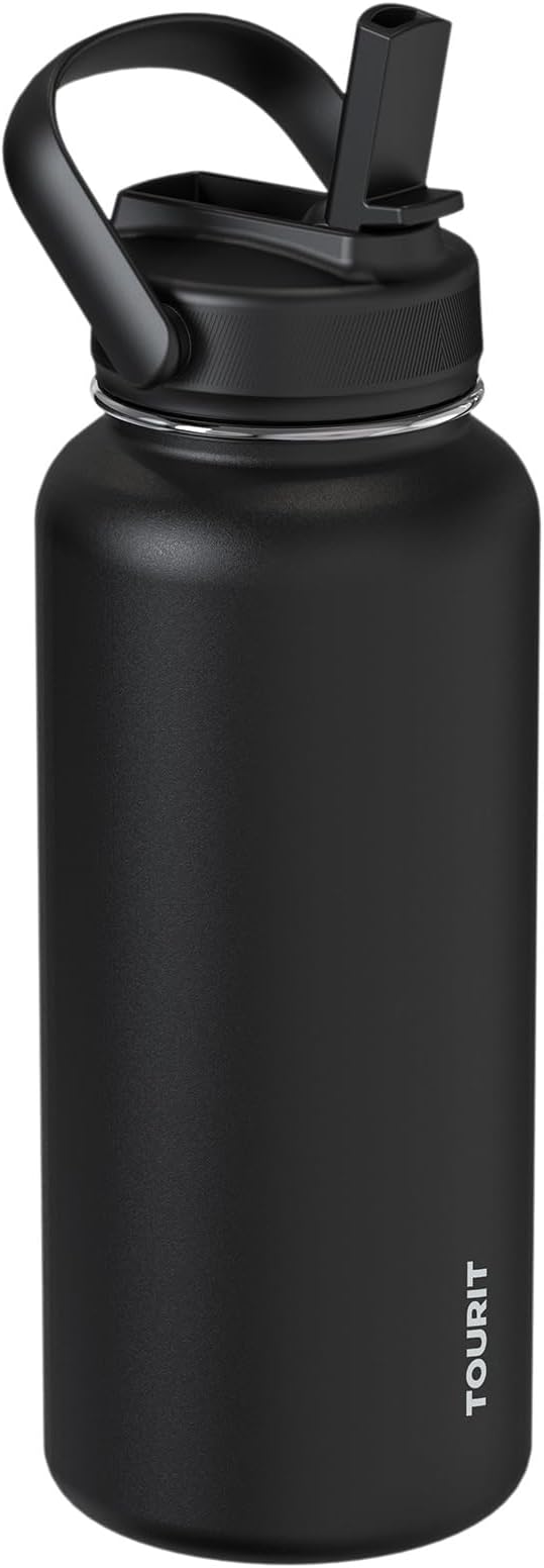 TOURIT 32 oz Insulated Water Bottle, Stainless Steel Bottle With Straw, Double Wall Vacuum Insulation for Cold and Hot Drinks, Leak Proof BPA Free Flask for Sports and Travel, Black