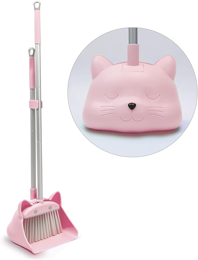 28'' Kids Mini Broom and Dustpan Set - Toddler Cleaning Toy, Toddler Household Helper, Parent-Child Interactive Play Cleaning Tool, Cute Cartoon Design, Small Safe Corner Broom (Pink Puff)