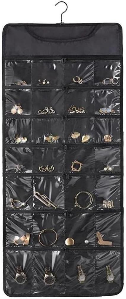 Hanging Jewelry Organizer Dual Zippered 43 Pockets 360°Rotating Double Sided Storage Pouch Wall Door Necklaces Sunglass Earrings Holders