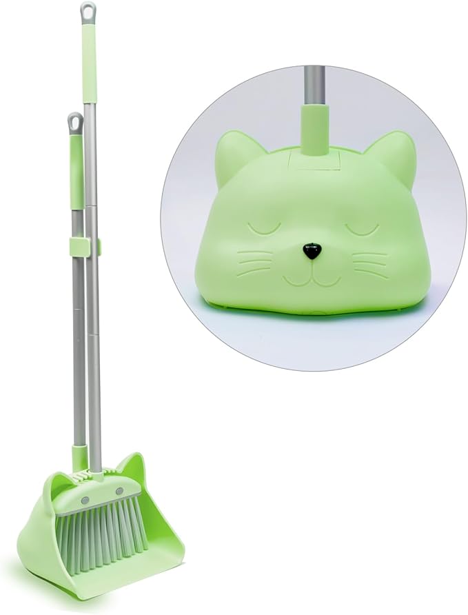 28'' Kids Mini Broom and Dustpan Set - Toddler Cleaning Toy, Toddler Household Helper, Parent-Child Interactive Play Cleaning Tool, Cute Cartoon Design, Small Safe Corner Broom (Green Sprout)