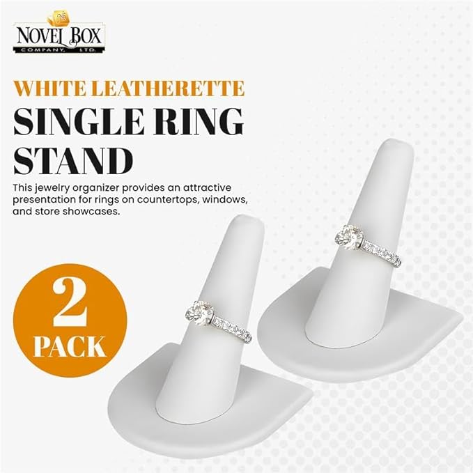 Novel Box 2 Pack White Leatherette Jewelry Ring Finger Display Stand 2x2x2.25 Inches with Square Base - Ring Holder Organizer Stand for Selling or Personal Use - Display Stands for Rings