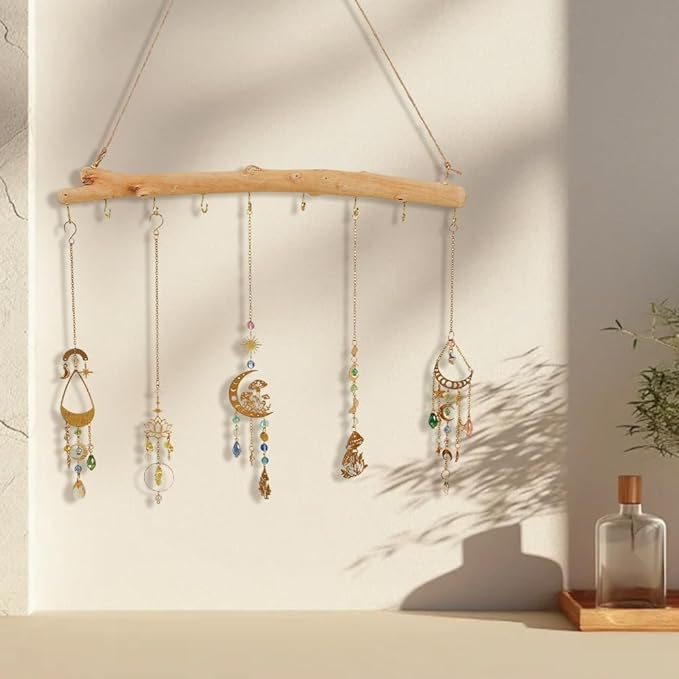 15 Inch 9 Hook Driftwood Wall Hanging Branch Hanger Natural Wood Farmhouse Vintage Easy to Use Necklace Holder Driftwood Hooks with Twine Rope for Dried Flowers Keys Crafts Home Decoration