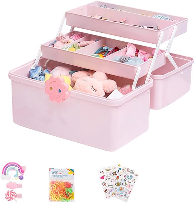 Kids Hair Accessories Organizer for Girls, Multi Layer Hair Accessories Organizer Storage Box with Stickers, Lids, and Handle, Plastic Hair Tie Holder Organizer for Toddler Girls