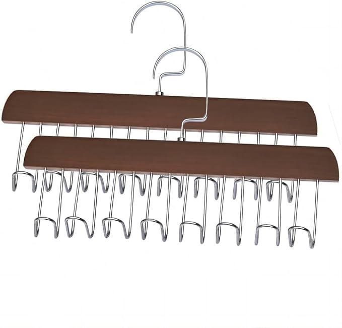 Belt Hanger for Closet,2 Pack Belt Hanger w/16 Hooks, Space Saving Hanger, Sturdy and Durable Scarf Organizer and Storage for Tops, Bras, Camisoles, Scarfs or Tie (Brown)