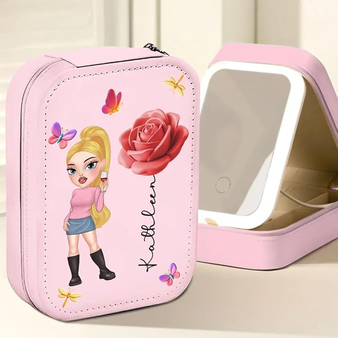 Petal Queen, Customized Bestie Jewelry Box with LED Mirror, Personalized Woman Jewelry Case, Birth Month Flower Sister Jewelry Box, Cartoon Woman Travel Jewelry Case, Best Friend Gift, Sisters Gift