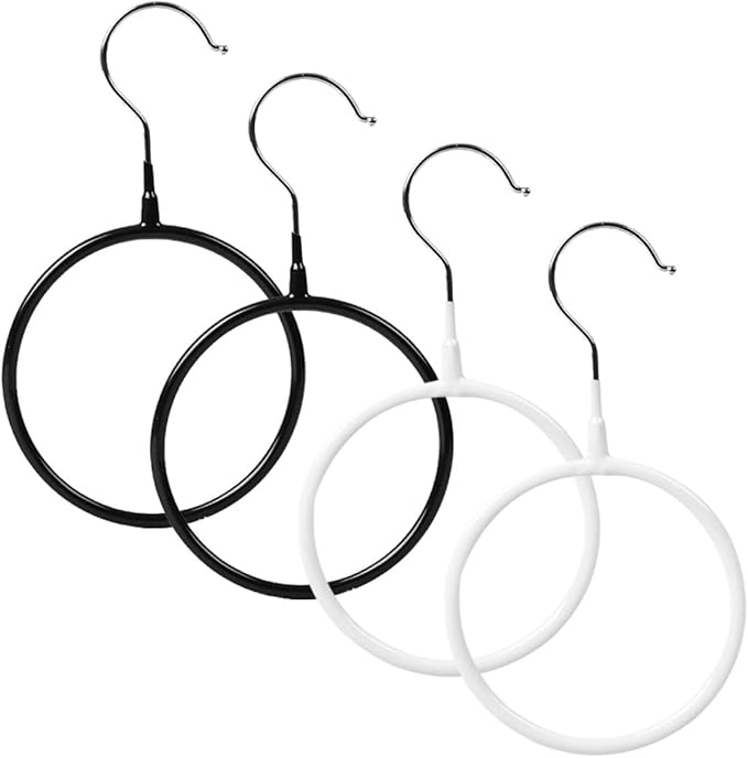 4pcs Metal Round Scarf Organizer Hangers with Plastic Coating, Tie and Belt Holder for Closet Storage, Small Size Black and White, Multipurpose Accessory Rack for Home and Bedroom
