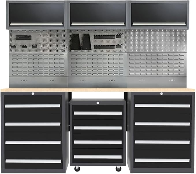 Garage Cabinets and Storage Set with Wood Workbench for Mechanics, No Drill Required