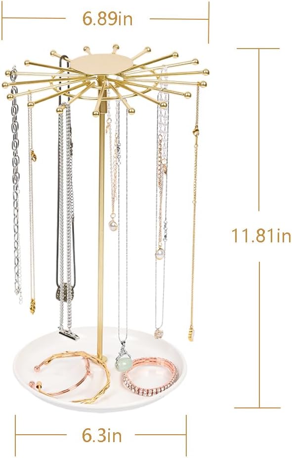 AmaQueen Rotating Necklace Hanger Organizer Tree with Jewelry Tray, Gold Spinning Necklace Chain Display Holder Stand Storage (Golden)