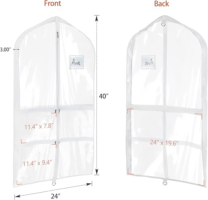 Univivi Clear PVC Dance Costume Bags (6 Pack) Garment Bag 40 Inch for Dance Competitions, with 4 Medium Clear Zipper Pockets and 1 Large Back Zippered Pocket [Upgraded Version] (40'' x 24'' 6 Pack)