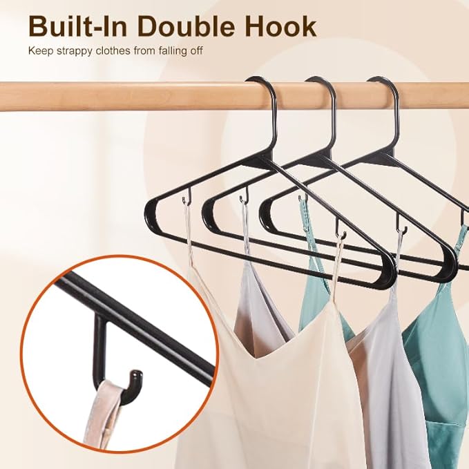 HOUSE DAY Black Plastic Hangers 100 Pack, Plastic Clothes Hangers with Built-in Hooks, Durable and Strong Coat Hangers for Closet, Space Saving Clothing Hanger for Shirts, Coats, Skirt, Dress