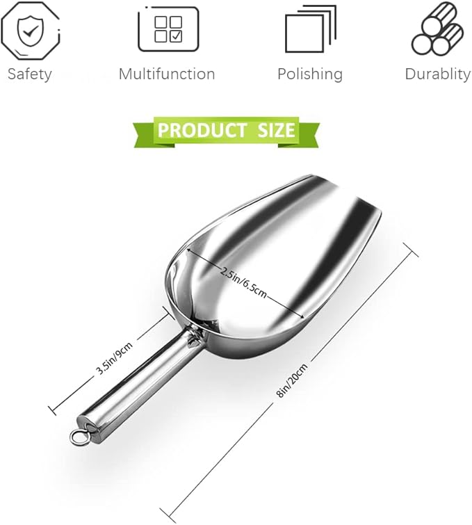 Metal Ice Scoop 6 Oz，Kitchen Ice Scooper for Ice Maker, Small Food Scoops for Bar Party Wedding Pet Dog Food, Stainless Steel Silver