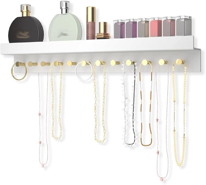 Care&More YJ 2 Pack Acrylic Wall Mounted Jewelry Organizer for Necklaces， Two-layer storage rack， Bangles Display Rack, Hanging Jewelry Hooks (White)