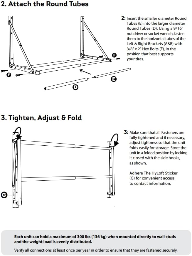 HyLoft 01031 Wall-Mounted Folding Tire Storage Loft Rack, 32 to 48 Inches Wide, Supports 300 Pounds and Folds Flat, Silver