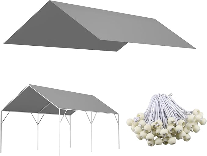 10' x 20' Canopy Replacement Cover for Carport, 220G Heavy Duty Replacement Top Cover for Car Garage, Waterproof & UV Protected Tarp with 48 Ball Bungees (Only Cover, Frame Not Included), Grey
