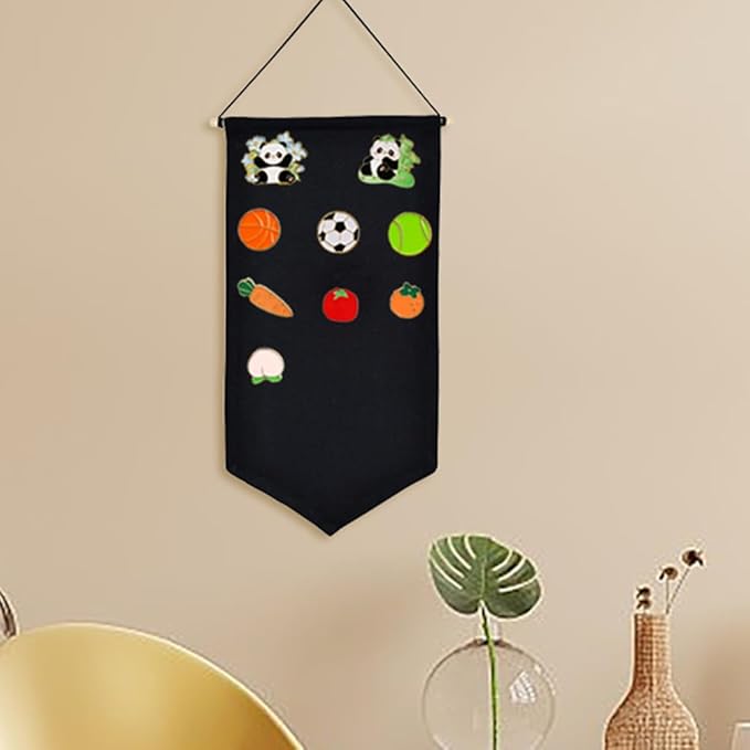 Canvas Banners Wall Hanging Brooch Jewelry Storage Case Stand Enamel Pin Display Cloth Wall-Mounted Jewelry Hanging Rolls for Earrings Necklaces Brooches Badges Organizer Holder Black