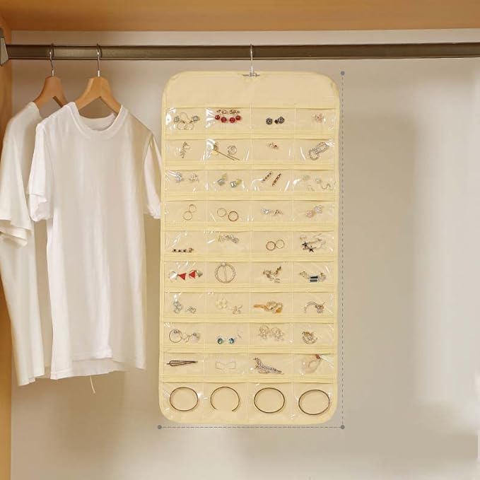 Hanging Jewelry Organizer, 80 Pockets Earring Holder Organizer, Bracelet Organizer with Pockets for Hanging Earrings, Necklaces,Rings, Storage, Closet(beige)