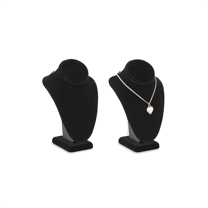 MOOCA 2-Piece Black Velvet Necklace Bust Display Set - Adjustable Hook - Jewelry Mannequin Stand for Necklaces & Chains up to 16-6 1/4 in H