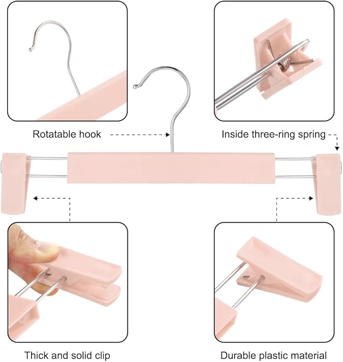 Clothes Pants Hangers, Space-Saving Skirt Holders with 360 ° Swivel Hooks, Adjustable Clips, Trouser Hangers, Clothes Coat Garment Jeans Hangers (20 Pack, Pink)