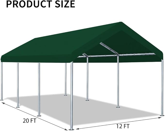 Rutile 10 x 20 FT Carport Replacement Cover, Heavy Duty Car Tarp Canopy Tent Replacement Top w/Ball Bungees Green (Only Top Cover, Frame is not Included)