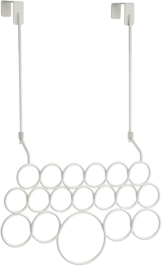 interDesign Classico Over Door Scarf Rack Hanger, No Snag Storage for Scarves, Ties, Belts, Shawls, Pashminas, Accessories - 18 Loops, Pearl White