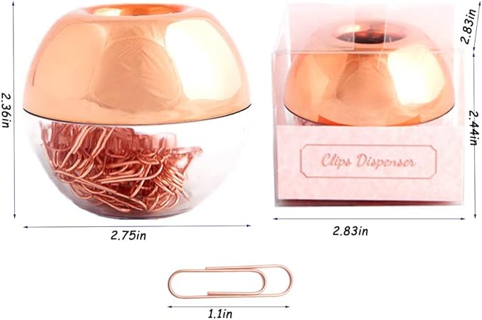 Rose Gold Magnetic Paper Clip Dispenser with 100pcs 1.1" Medium Paper Clips, Acrylic Holder for Office Decor