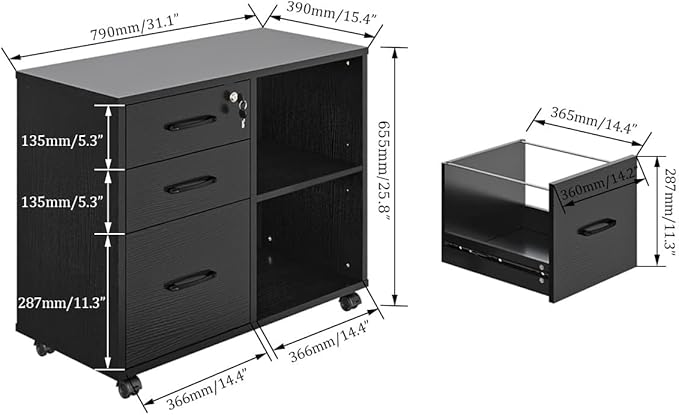 Panana 3 Drawer Office File Cabinets, Mobile Lateral Printer Stand with Open Storage Shelf, Rolling Filing Cabinet with Wheels Home Office Organization and Storage (Black)