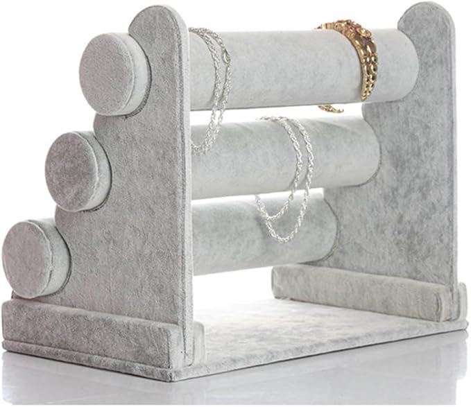 3 Tier Velvet Jewelry Organizer Stand, Detachable Bracelet Holder, Gray and Black, 12.2 x 9.25 Inches (Gray)