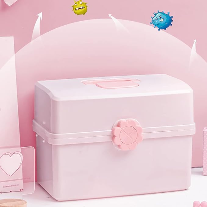 Kids Hair Accessories Organizer for Girls, Multi Layer Hair Accessories Organizer Storage Box with Stickers, Lids, and Handle, Plastic Hair Tie Holder Organizer for Toddler Girls