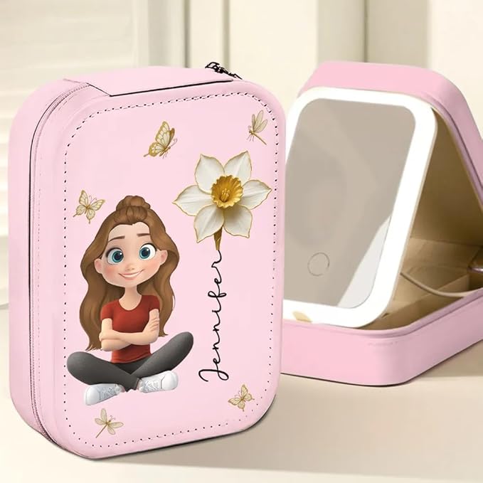 Floral Soul - Personalized Jewelry Box with LED Mirror, Cute Cartoon Girl Leather Jewelry Box, Custom Birth Flower Mirror Jewelry Organizer for Women, Friendship Keepsake Gifts, Sister Gifts