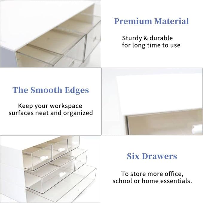3 Tier Stackable Desk Organizer With 6 Drawers - Plastic Storage for Makeup and Desktop Organization (White)