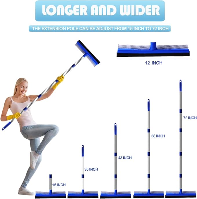 YONILL 72" Squeegee for Cleaning - Long Handle Window Cleaner Tool with Rubber Blade and Sponge Scrubber, 2 in 1 Window Washing Kit with Extension Pole for Home, Car Windshield and Glass