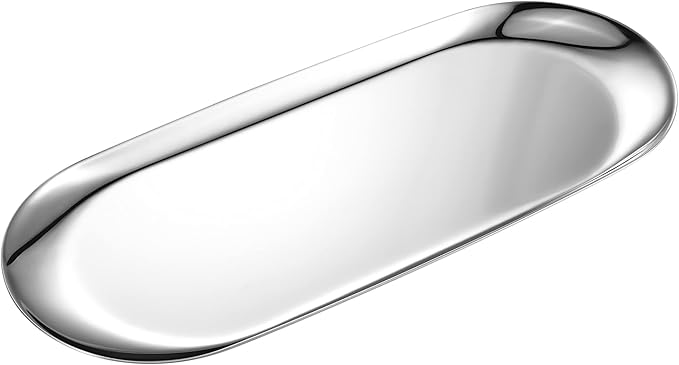 Silver Oval Vanity Tray - Stainless Steel Jewelry, Bathroom, Makeup Cosmetic, Towel Napkin Storage Organizer - 9 x 3.8 inches (LxW), Medium