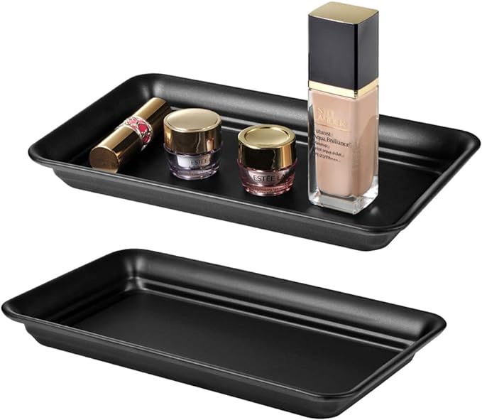 Vintage Farmhouse Decor Metal Vanity Tray(2 Pack),Countertop Guest Hand Towel Storage Organizer Tray Dispenser, Sturdy Holder for Perfume,Cosmetics, Jewelry, Makeup Bathroom Organizer (Black)