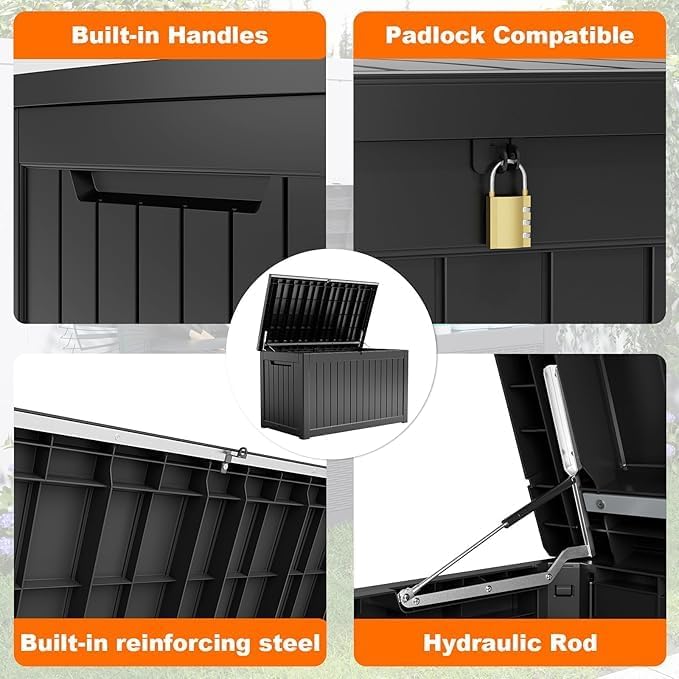 281 Gallon Outdoor Deck Box,Waterproof Resin Outdoor Storage Boxes, Outside Storage Lockable Container for Garden Tools,Indooor Cushions,Accessories (Black)