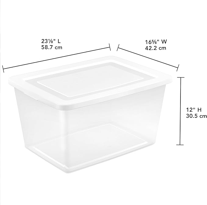 Sterilite 24 Pack Storage Boxes, Clear Plastic Stackable Containers, Lightweight Home Organizers with Snap Lids, 58 Quart, White